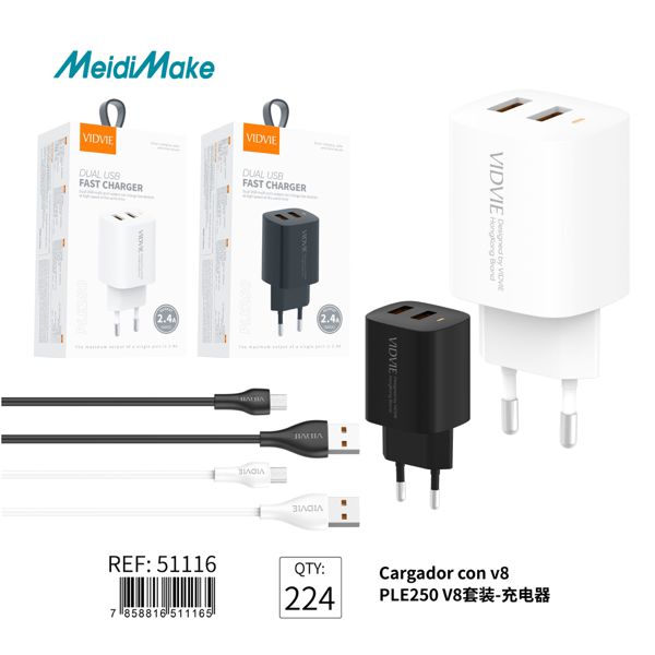 Cargador Dual USB 2.4A Tipo C y Micro USB