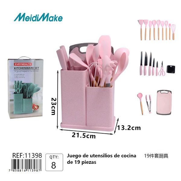 Juego Utensilios Cocina 19 Piezas Rosa